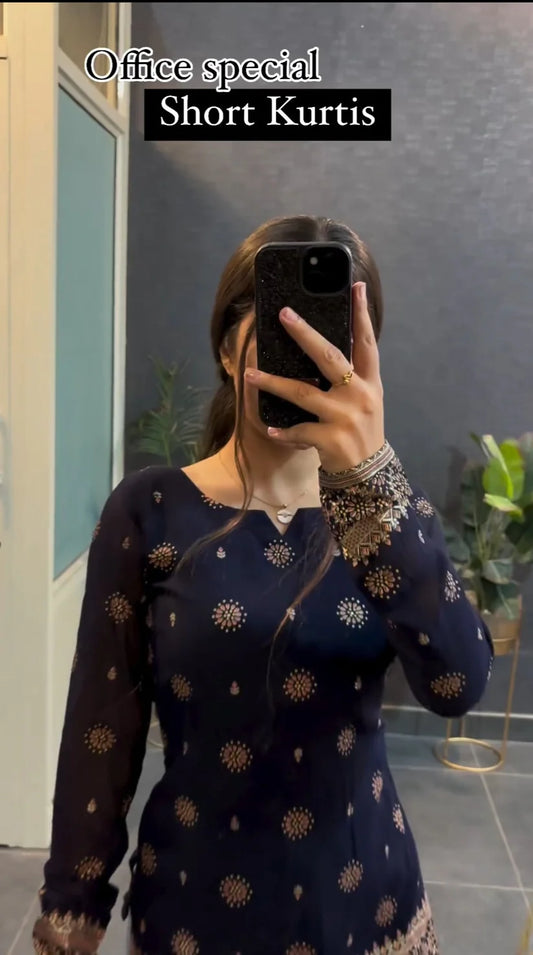 Blue Premium Cotton Printed Short Kurti