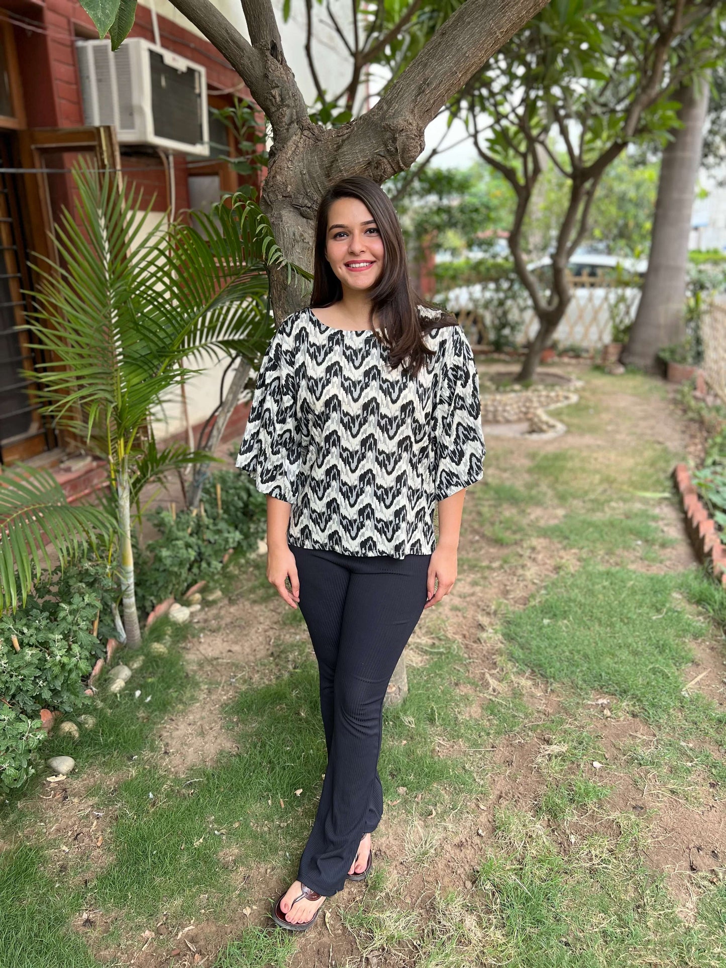 Black White abstract Indowestern Top Kurti