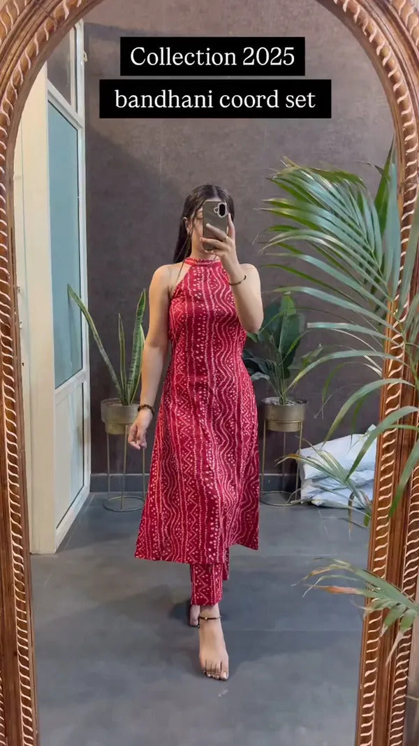 Festive Fusion Crimson Red Bandhani Halter Coord Set