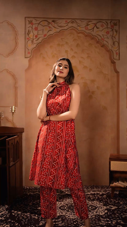 Red And White Round Neckline Sleeveless Bandhani Straight Kurta With Pent