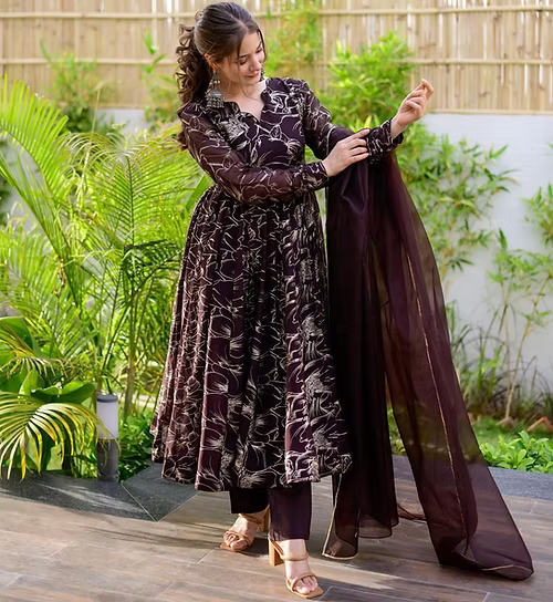 Excellent Party Wear Brown Colour Organza Shimmer Suit Set