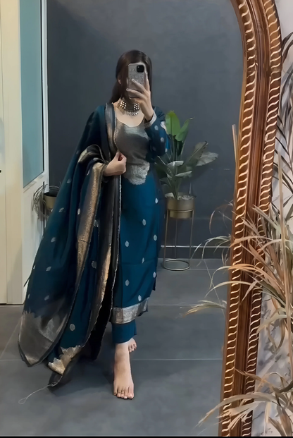 Groovy Blue Pure Heavy Designer Chanderi Silk Suit Set