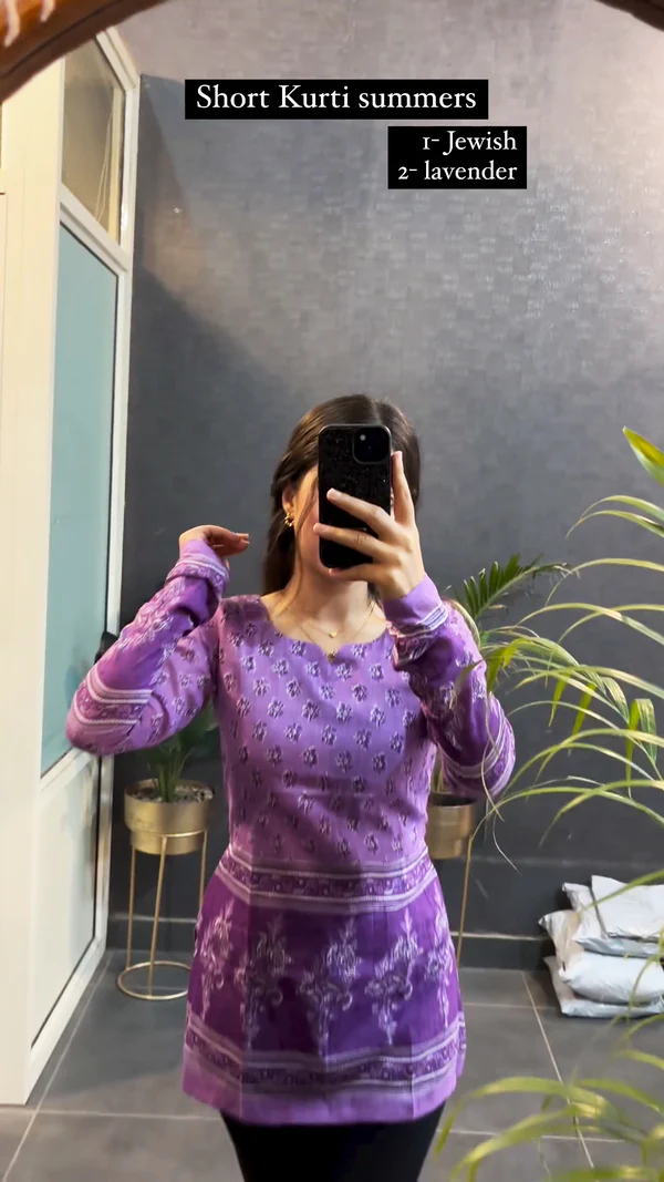 Purple Printed Cotton Short Kurta