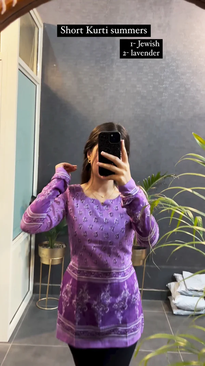 Purple Printed Cotton Short Kurta