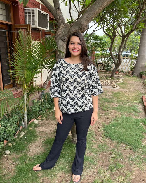 Black White abstract Indowestern Top Kurti