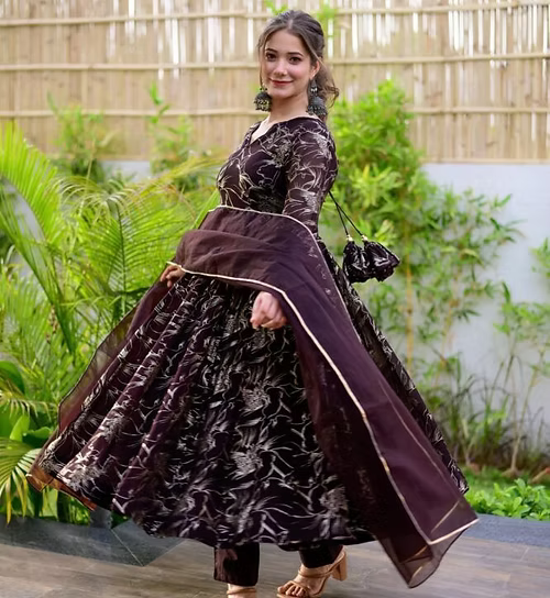 Excellent Party Wear Brown Colour Organza Shimmer Suit Set