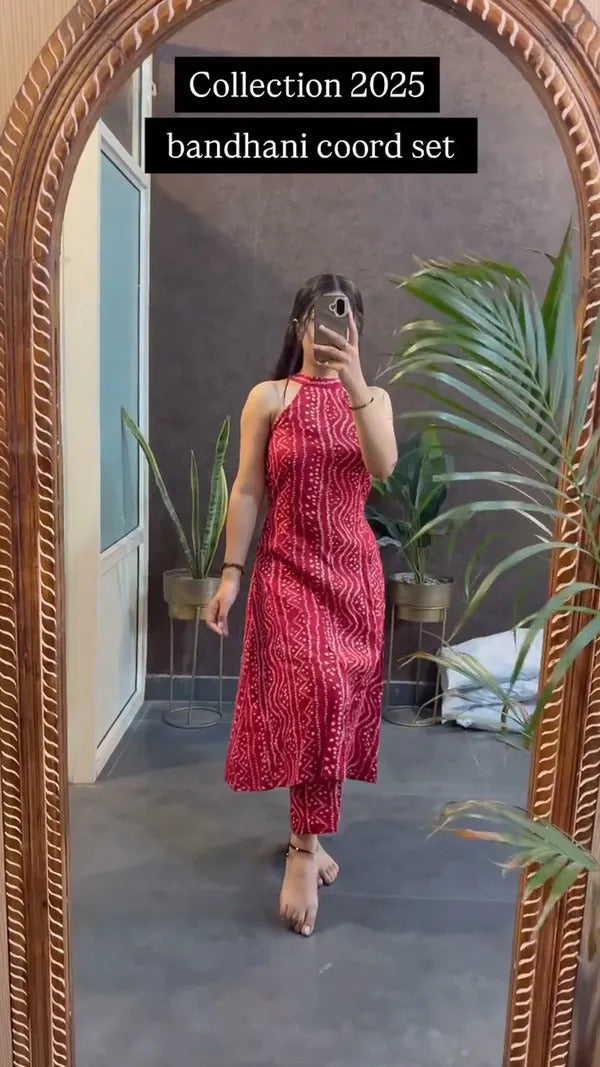 Festive Fusion Crimson Red Bandhani Halter Coord Set