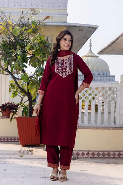 Skylee Maroon Rayon Blend Embroidered Kurta Set With Dupatta
