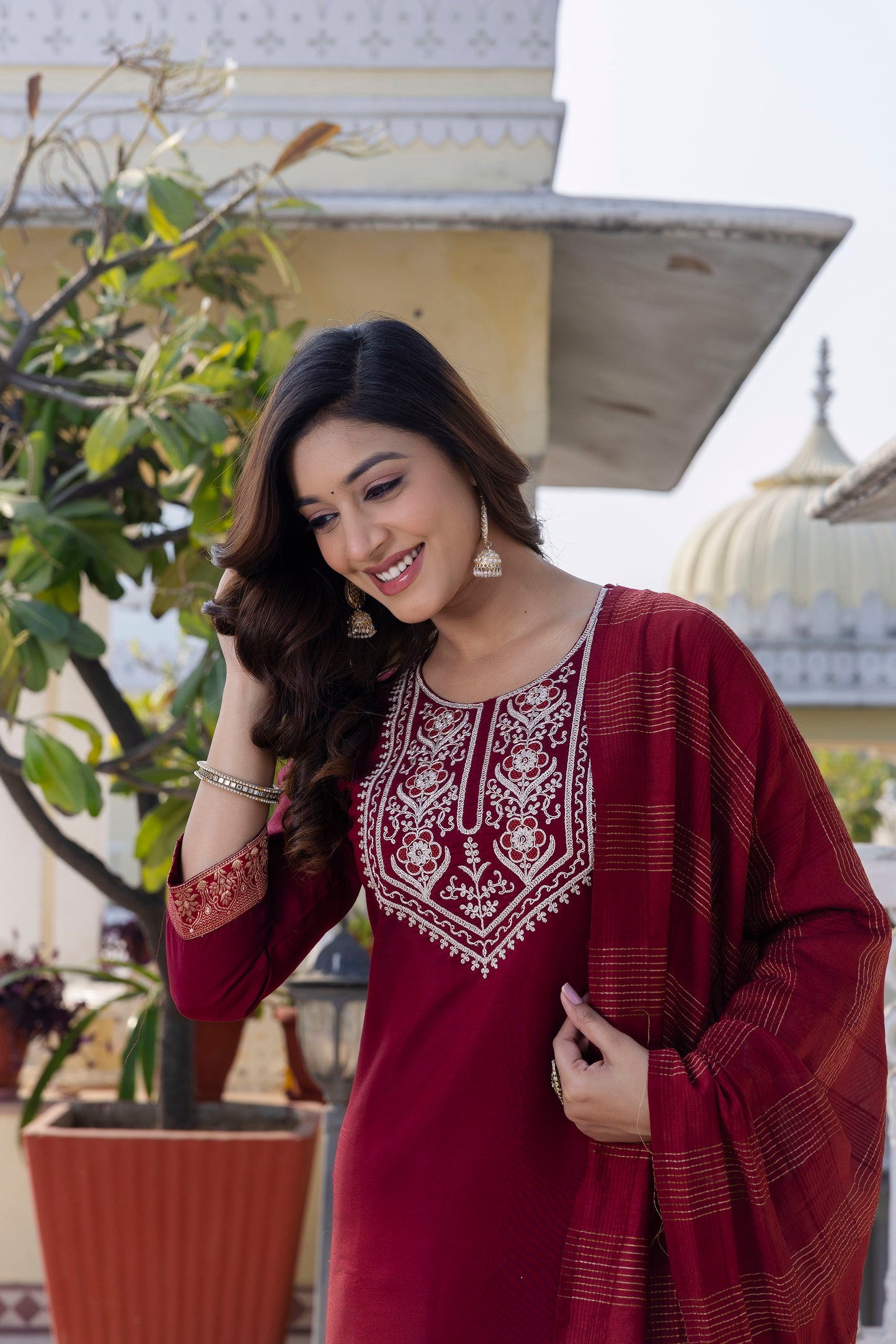 Skylee Maroon Rayon Blend Embroidered Kurta Set With Dupatta