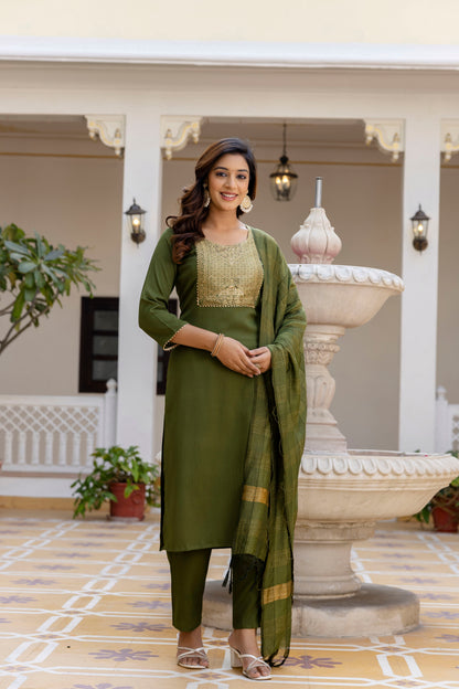 Luxury Mehendi Green Embroidery Work Salwar Suit