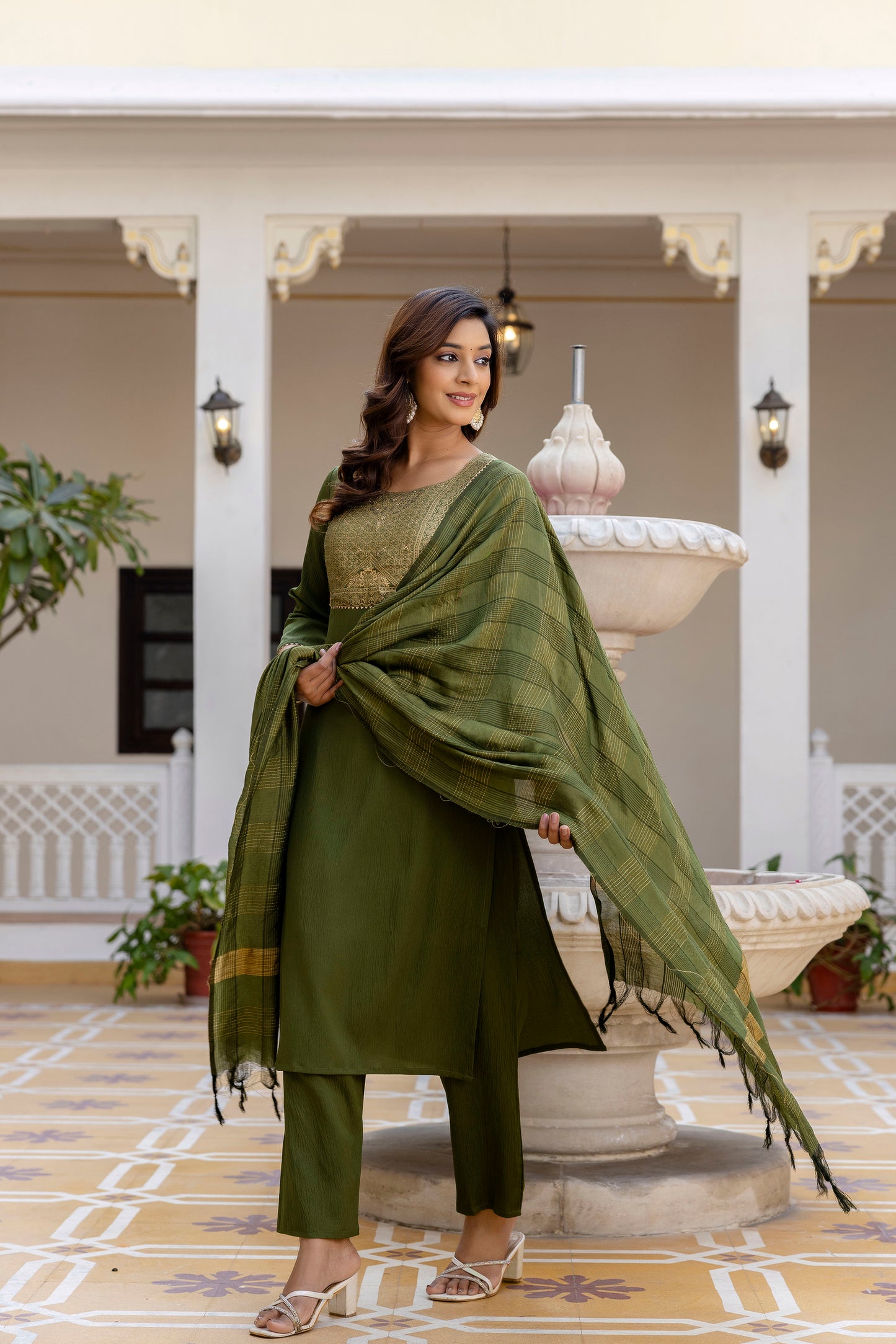 Luxury Mehendi Green Embroidery Work Salwar Suit