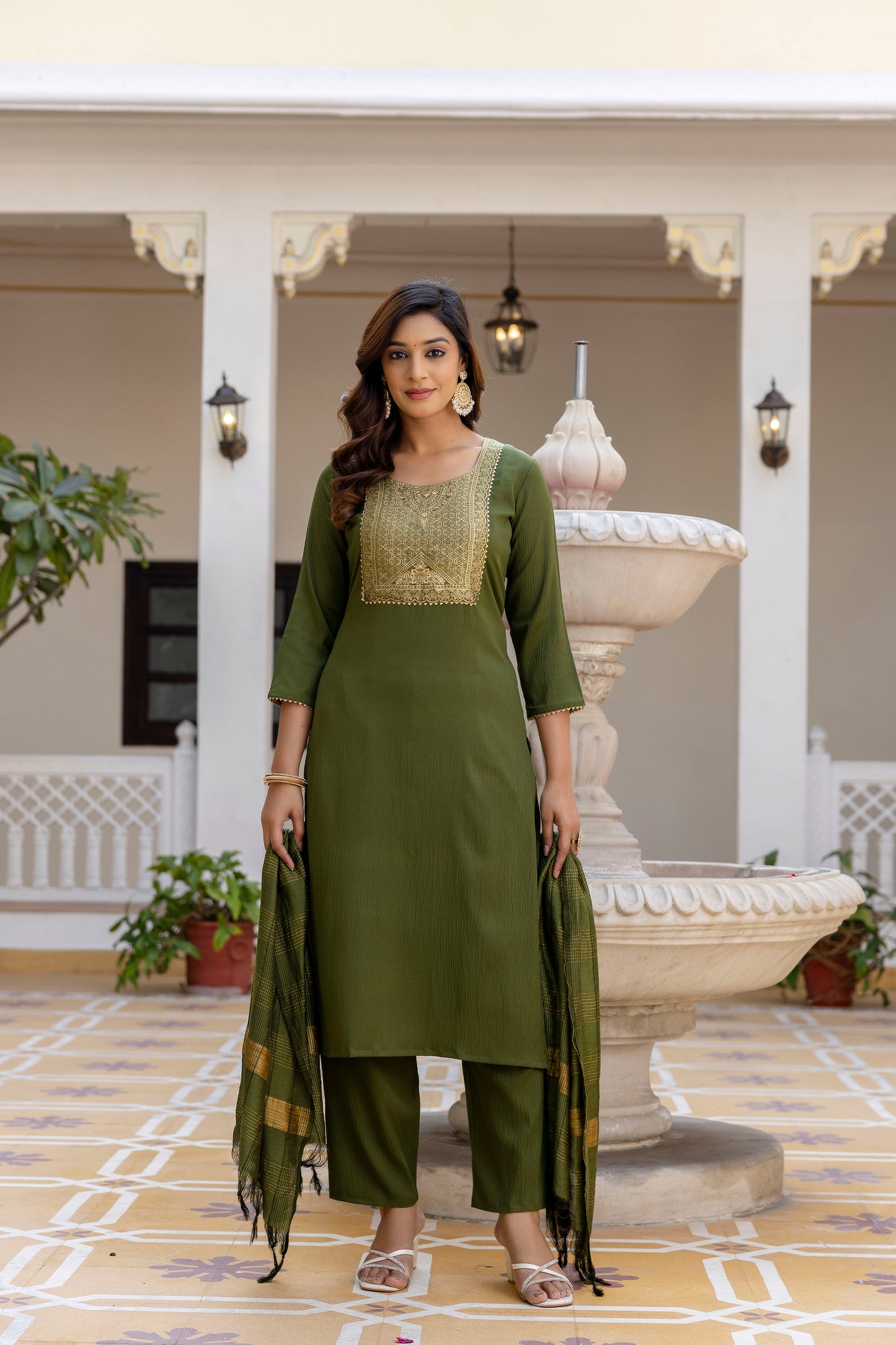 Moss-Green Tissue With Floral Print and Embroidery Kurta Set