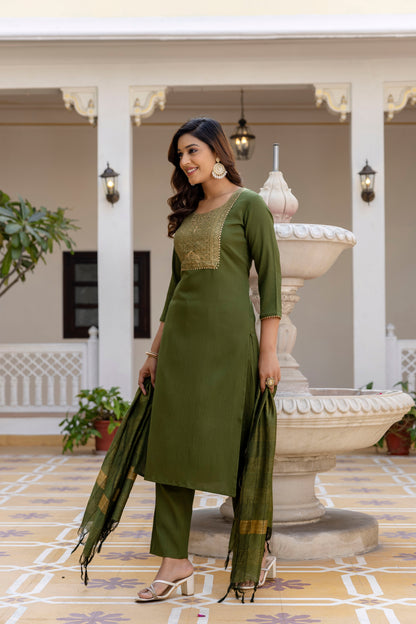 Moss-Green Tissue With Floral Print and Embroidery Kurta Set