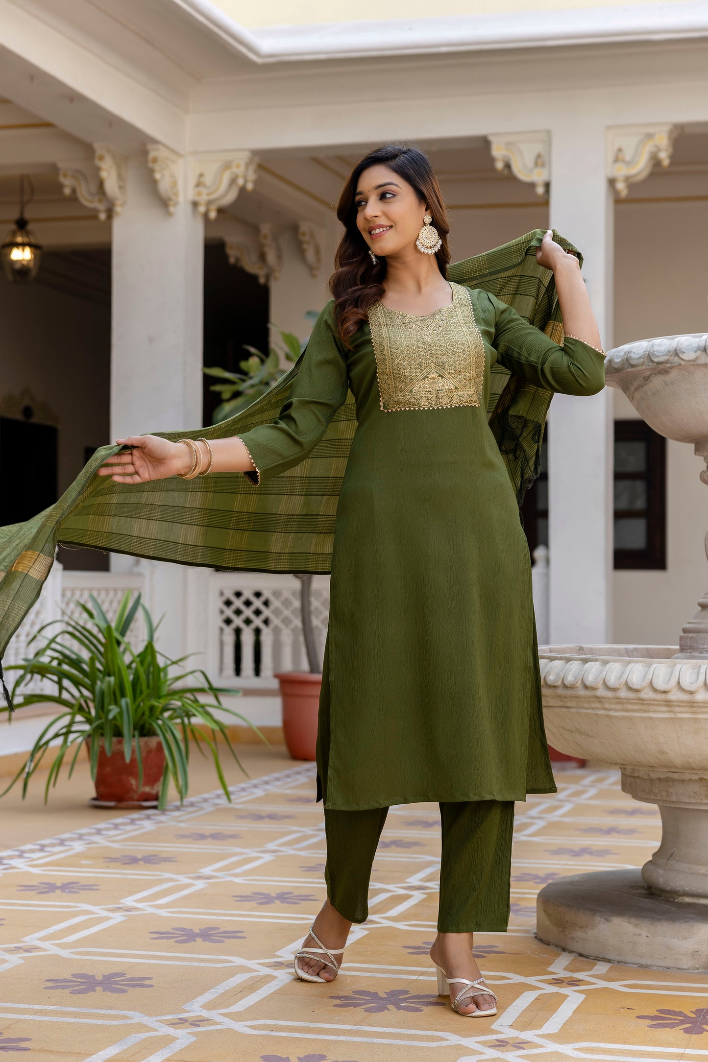 Moss-Green Tissue With Floral Print and Embroidery Kurta Set