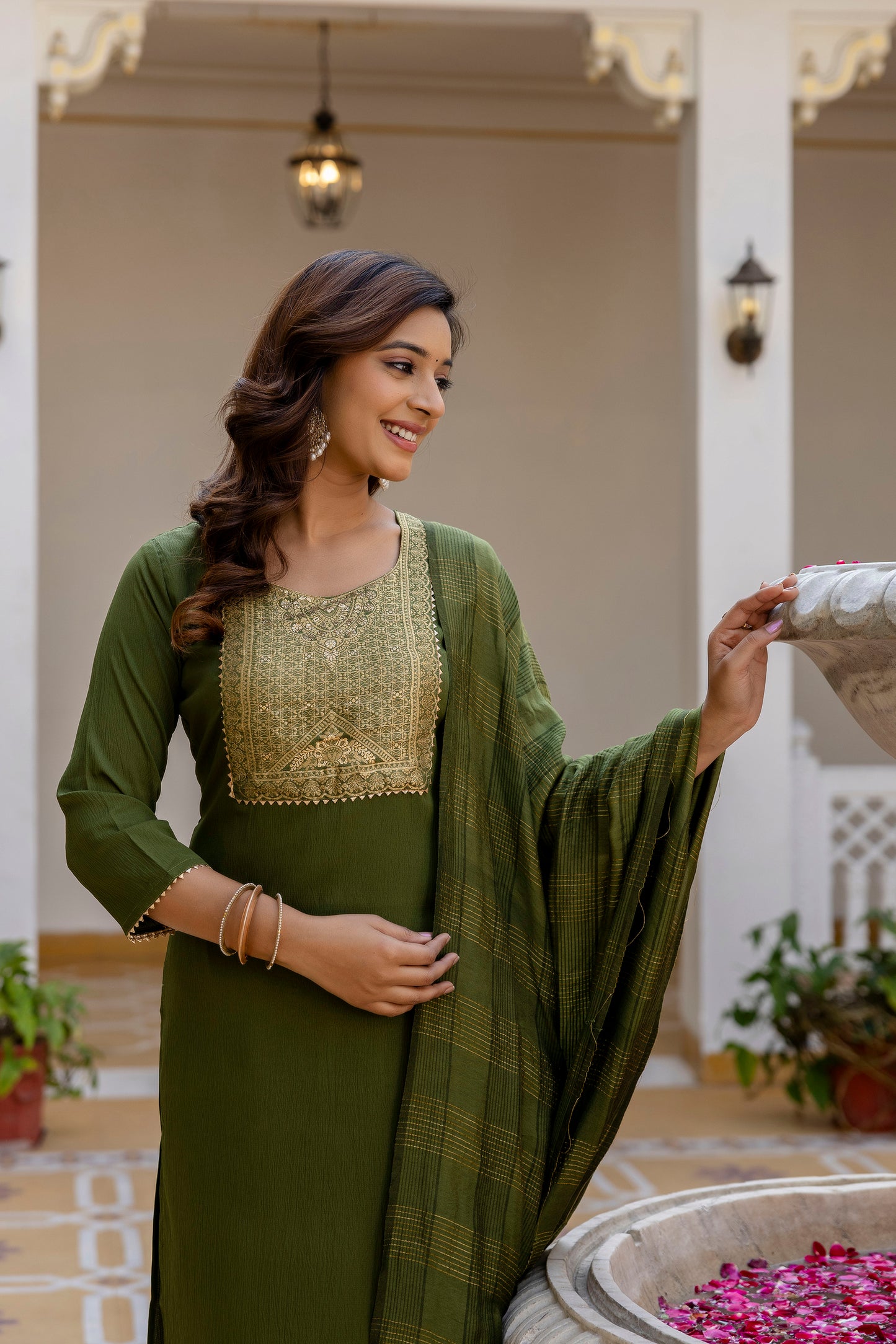 Moss-Green Tissue With Floral Print and Embroidery Kurta Set