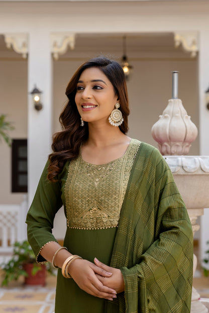 Moss-Green Tissue With Floral Print and Embroidery Kurta Set