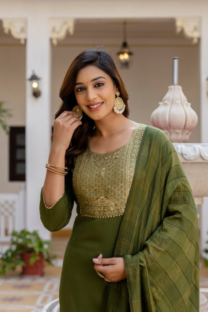 Moss-Green Tissue With Floral Print and Embroidery Kurta Set