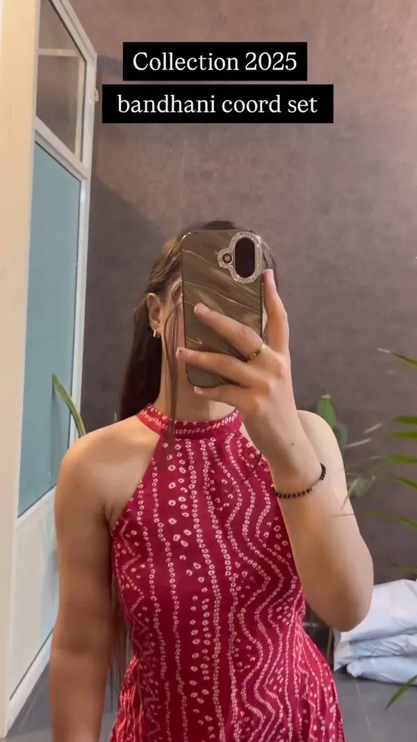 Festive Fusion Crimson Red Bandhani Halter Coord Set