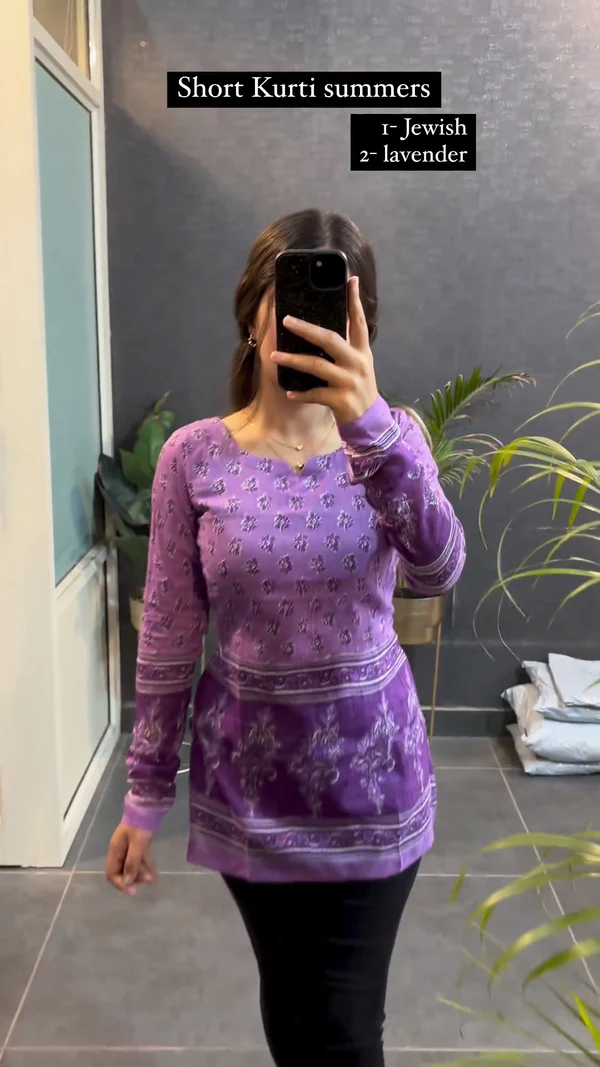 Purple Printed Cotton Short Kurta