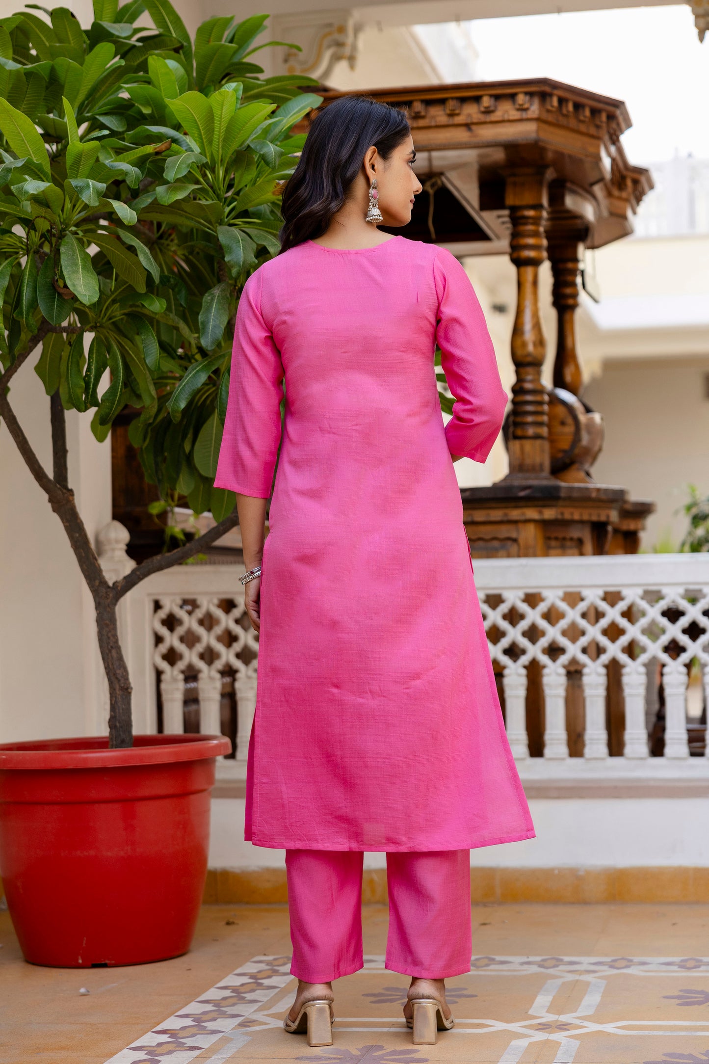Baby Pink Embroidered Jacquard Cotton Straight Kurta Pant Dupatta Suit Set