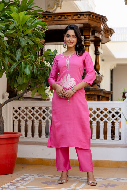 Baby Pink Embroidered Jacquard Cotton Straight Kurta Pant Dupatta Suit Set