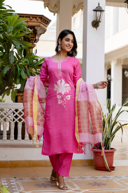 Baby Pink Embroidered Jacquard Cotton Straight Kurta Pant Dupatta Suit Set