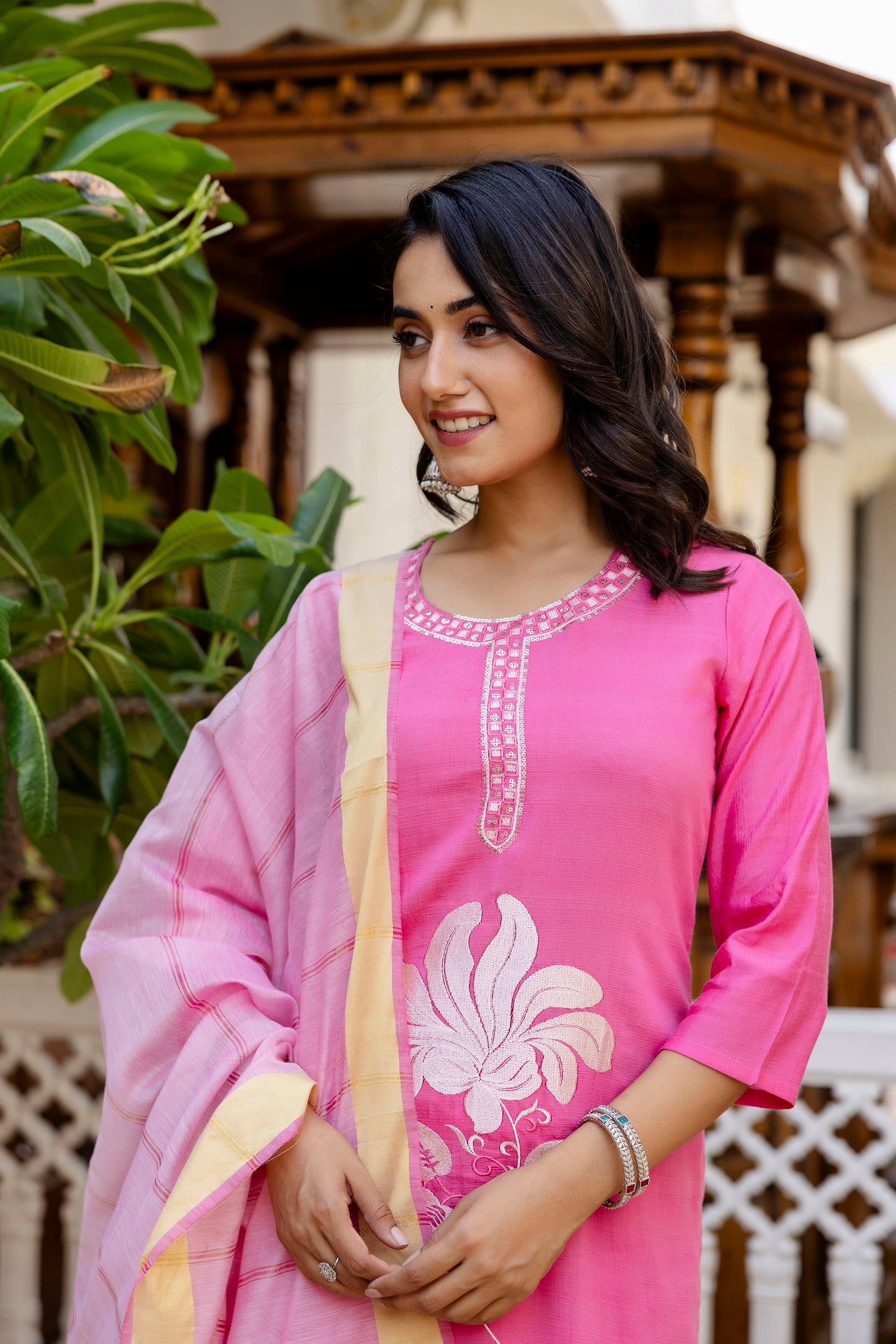Baby Pink Embroidered Jacquard Cotton Straight Kurta Pant Dupatta Suit Set
