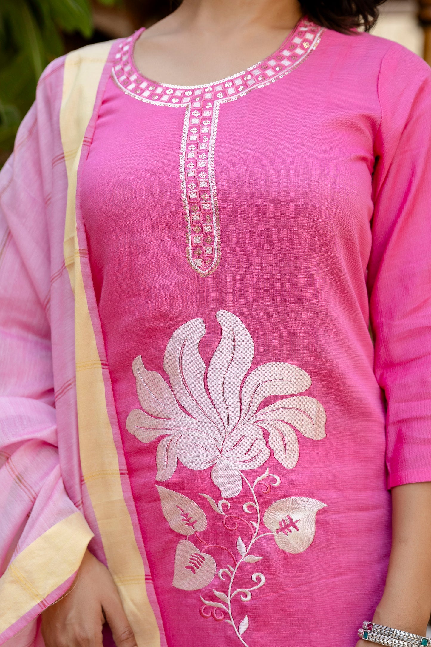 Baby Pink Embroidered Jacquard Cotton Straight Kurta Pant Dupatta Suit Set
