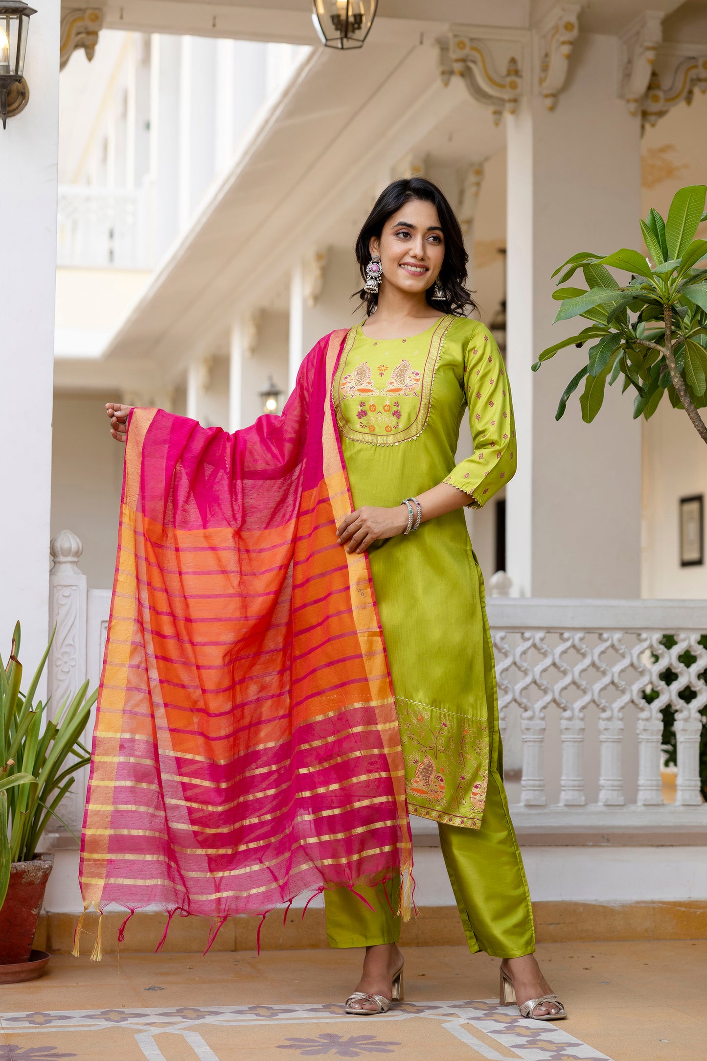 Lime & Pink Tie-Dye Sleeveless Straight Kurta Set with Dupatta for womens