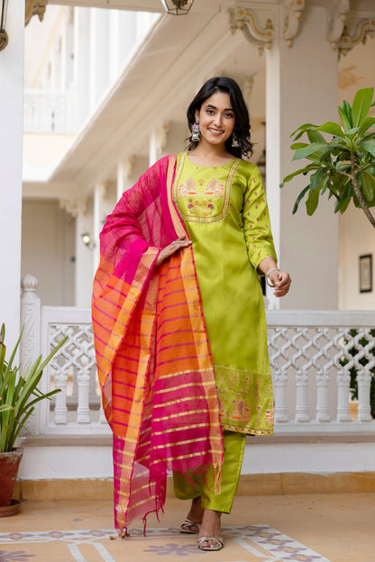 Lime & Pink Tie-Dye Sleeveless Straight Kurta Set with Dupatta for womens