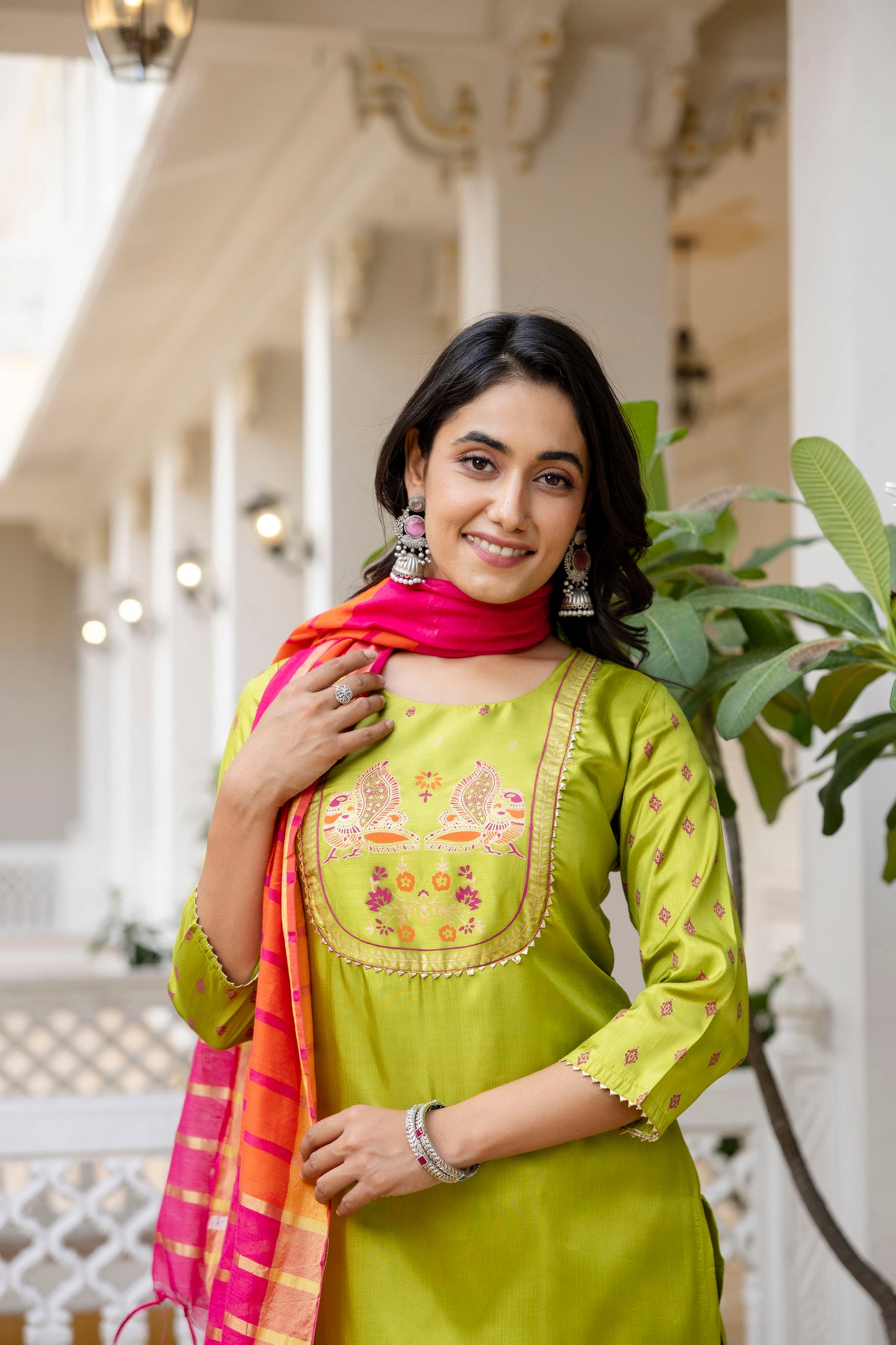 Lime & Pink Tie-Dye Sleeveless Straight Kurta Set with Dupatta for womens