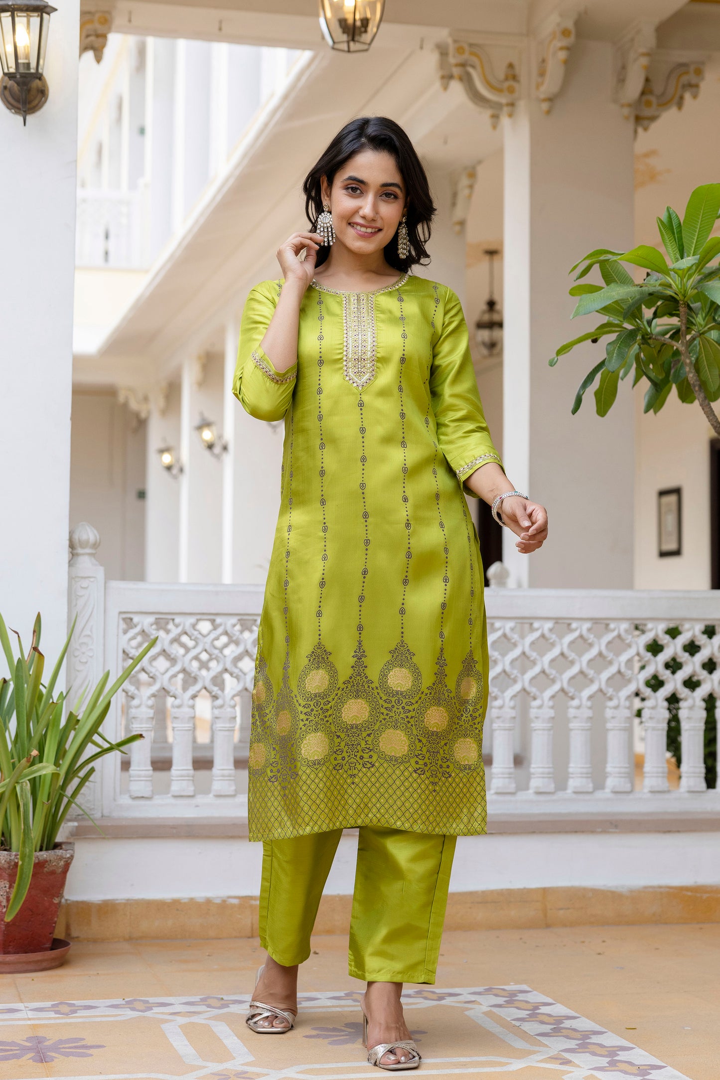 Green Self Design Silk Straight Suit With Dupatta