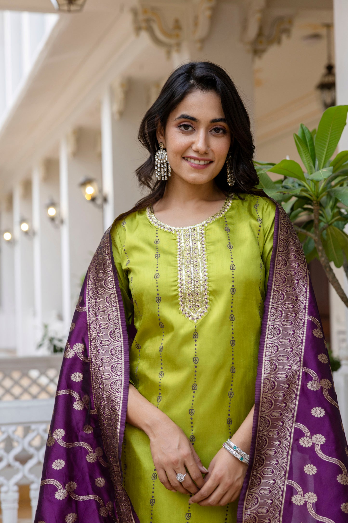 Green Self Design Silk Straight Suit With Dupatta