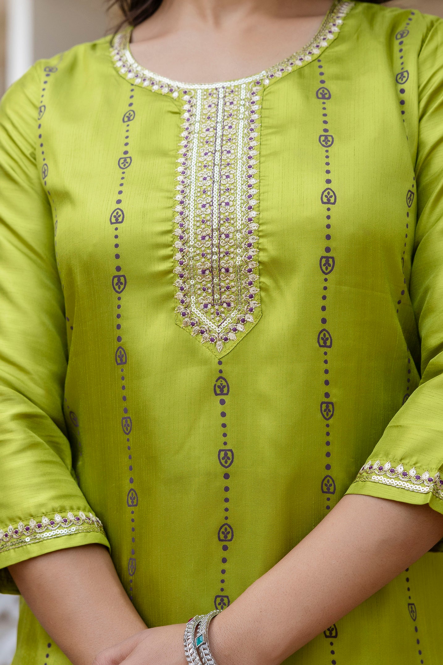 Green Self Design Silk Straight Suit With Dupatta