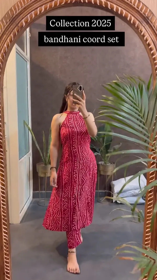 Festive Fusion Crimson Red Bandhani Halter Coord Set