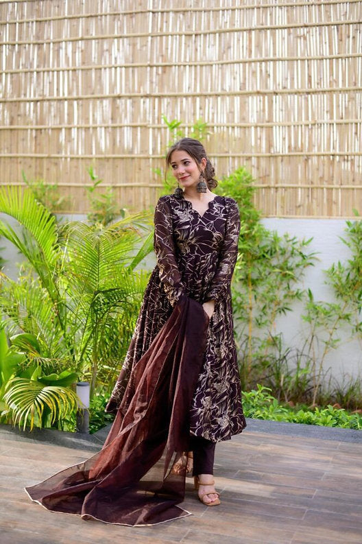 Excellent Party Wear Brown Colour Organza Shimmer Suit Set