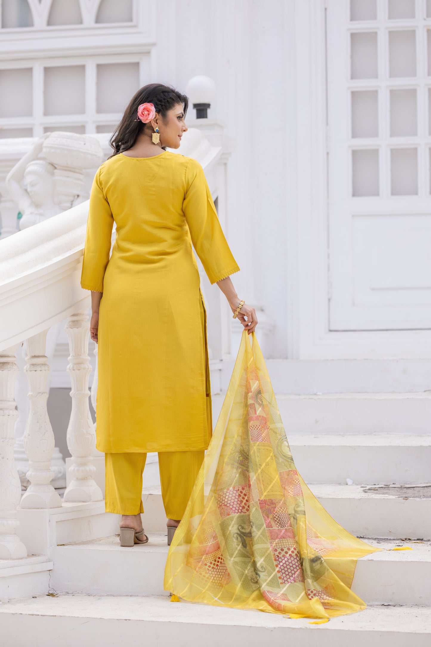 Floral Yoke Design Straight Kurta With Trouser & Dupatta