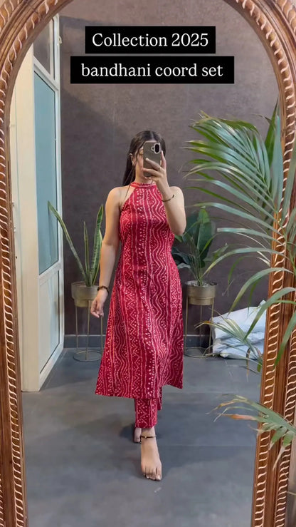 Festive Fusion Crimson Red Bandhani Halter Coord Set