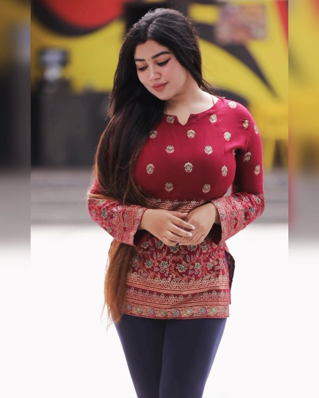 Maroon Jewish Cotton Printed Short Kurti