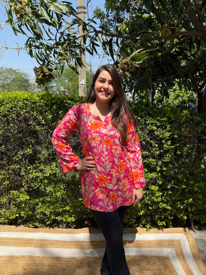 Pink floral rayon short kurti
