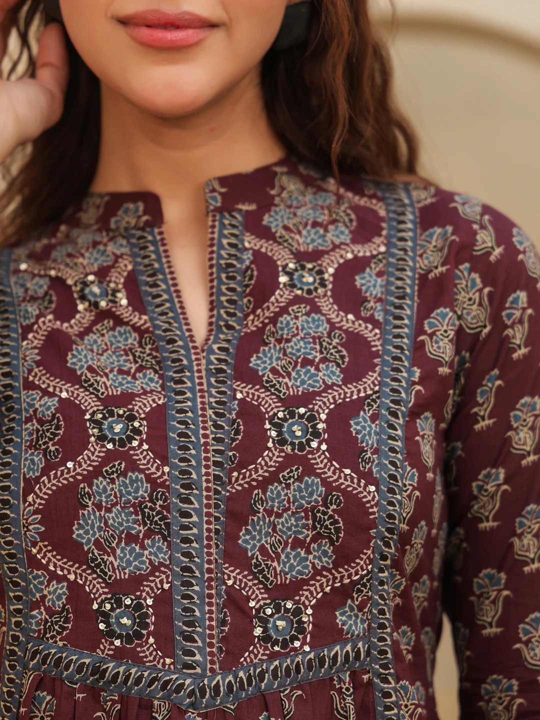 Print Mandarin Collar Cotton Top Kurti
