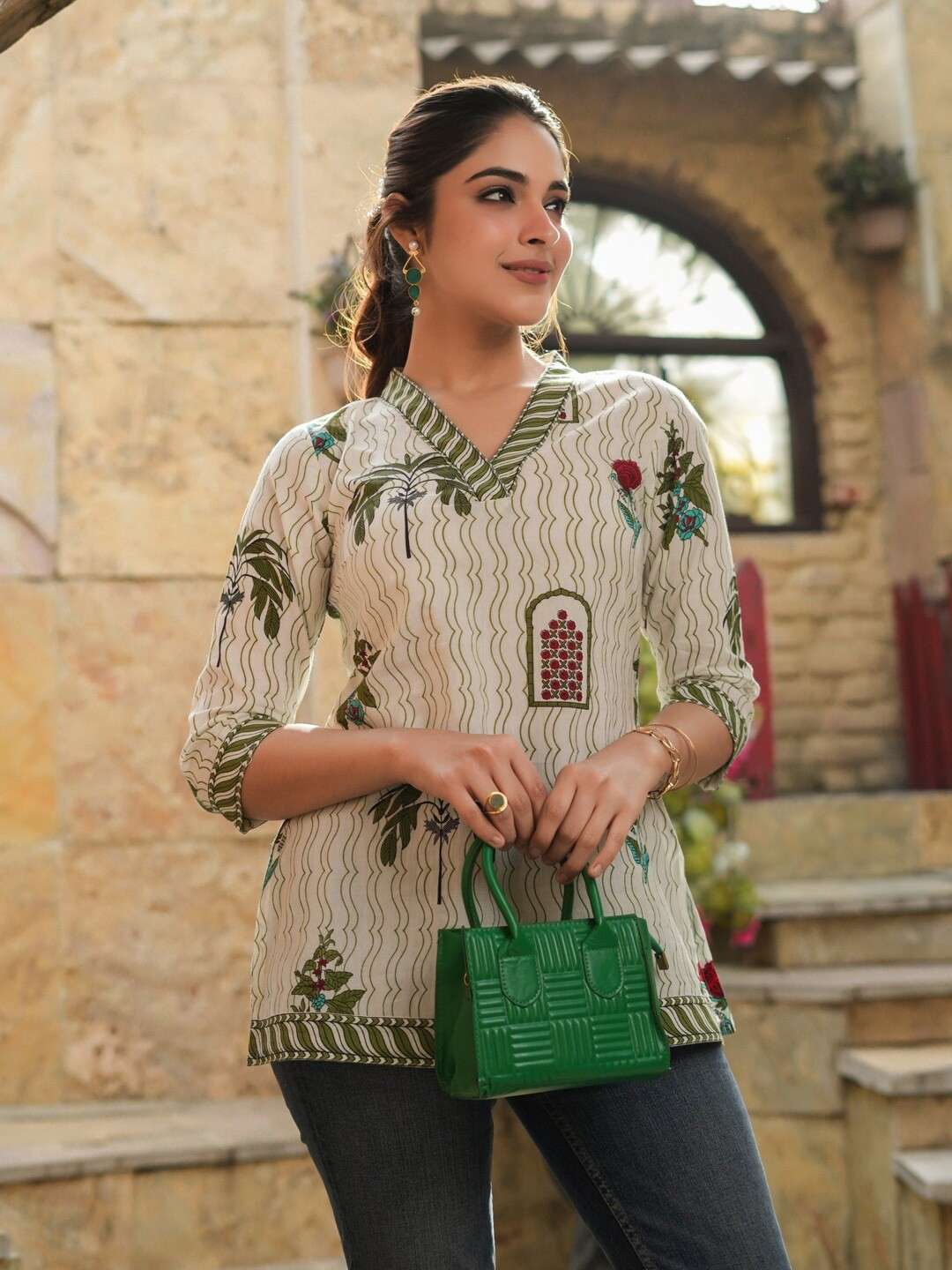Green & Off White Ethnic Motifs Printed Pure Cotton Kurti