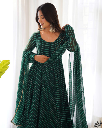 Pure fox georgette laheriya print fabric fully flair anarkali, with dupatta and pent stitched