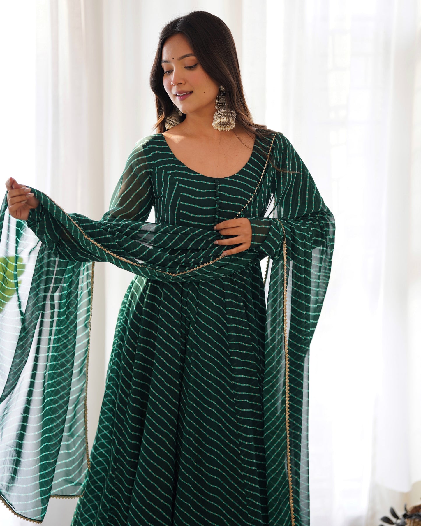 Pure fox georgette laheriya print fabric fully flair anarkali, with dupatta and pent stitched