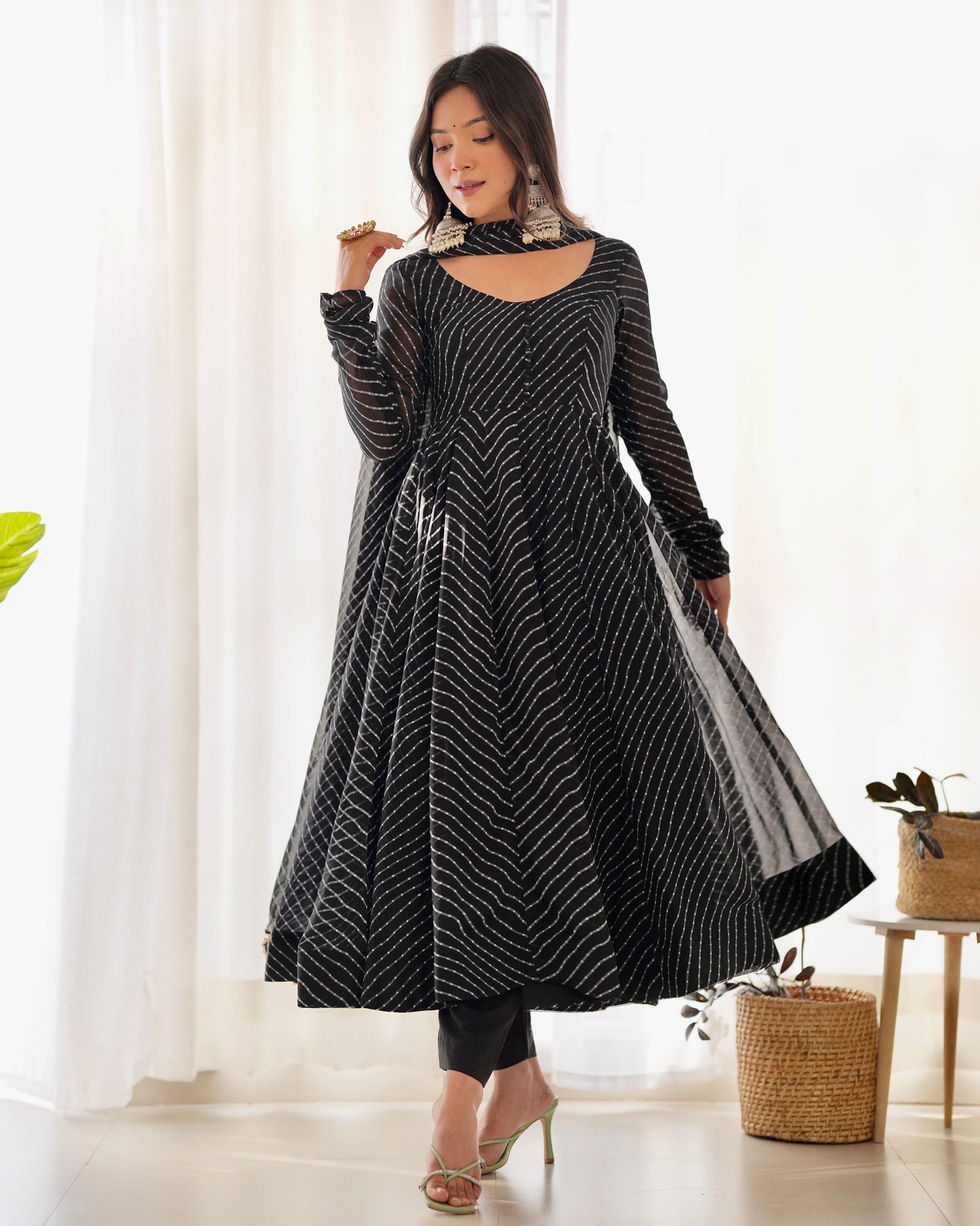 Stunning Black Laheriya Print Georgette Anarkali Suit with Dupatta