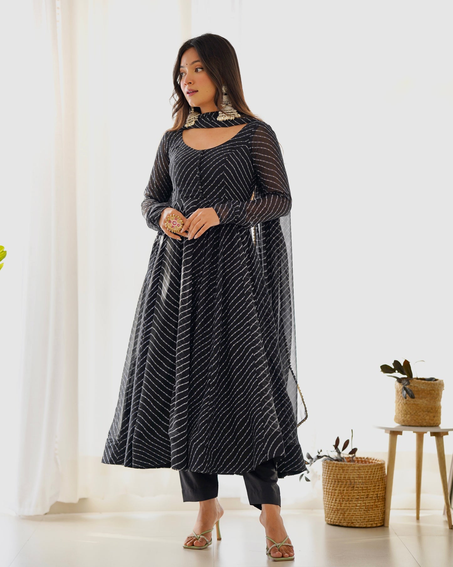 Stunning Black Laheriya Print Georgette Anarkali Suit with Dupatta