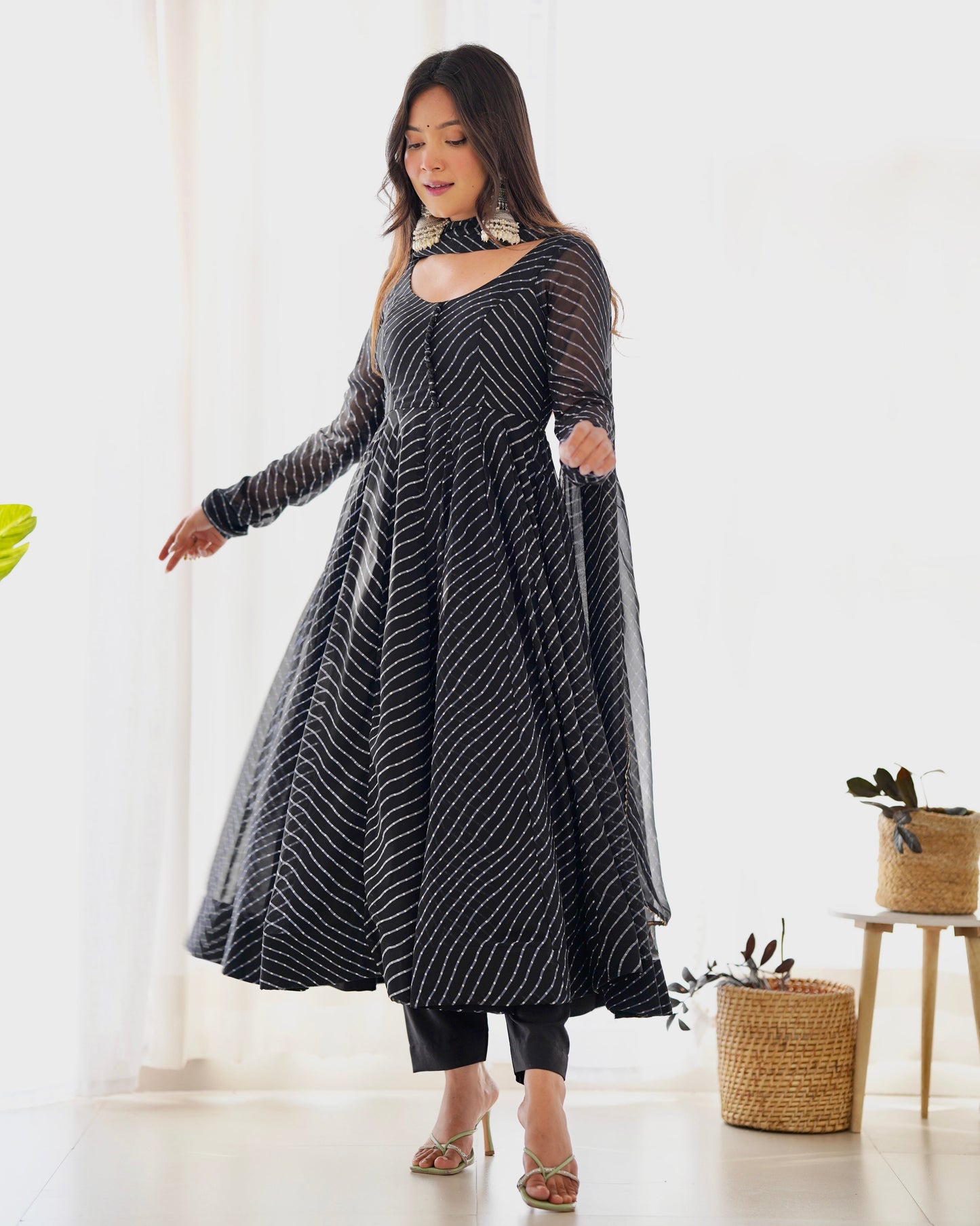 Stunning Black Laheriya Print Georgette Anarkali Suit with Dupatta