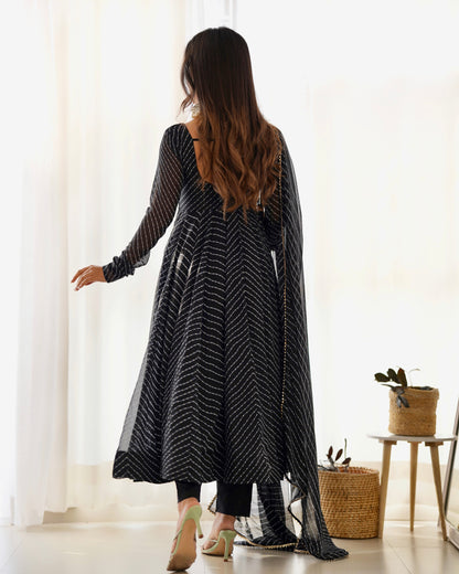 Stunning Black Laheriya Print Georgette Anarkali Suit with Dupatta