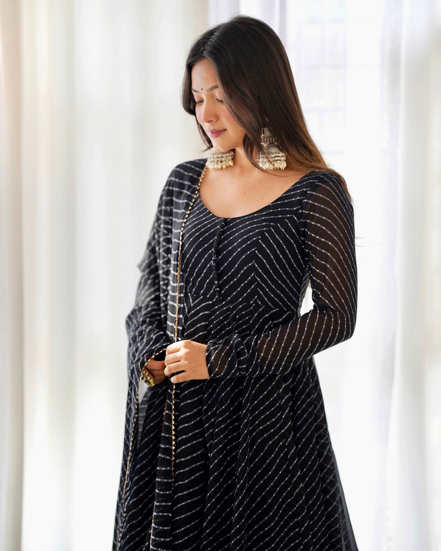 Stunning Black Laheriya Print Georgette Anarkali Suit with Dupatta