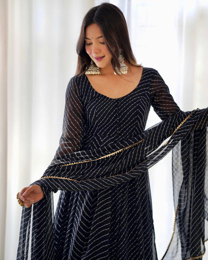 Stunning Black Laheriya Print Georgette Anarkali Suit with Dupatta